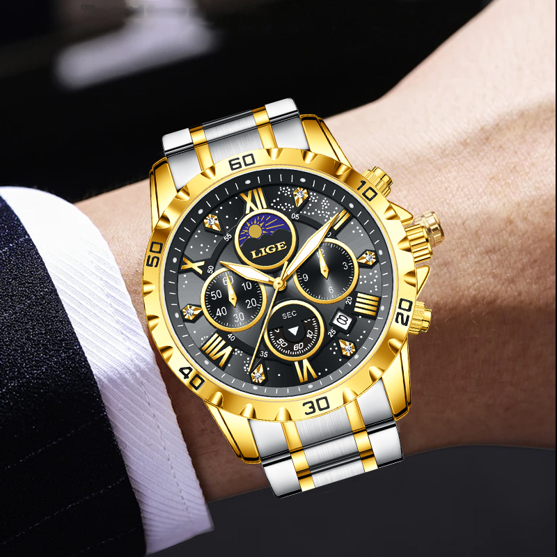 Luxury Watch Moon Phase - LIGE Üst Marka Lüks Kuvars Erkek