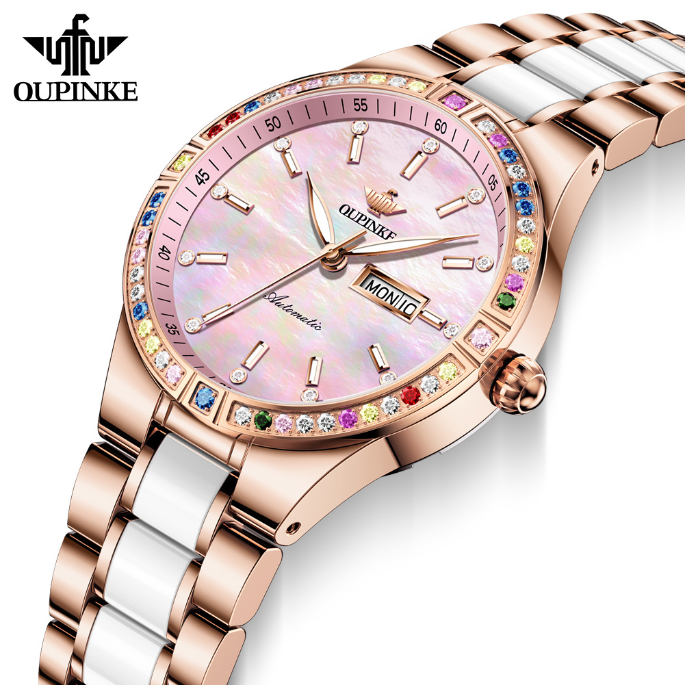 Sapphire Crystal Display - OUPINKE 6 Renk Taşlar Kadın Otomatik
